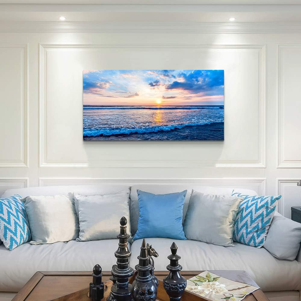 Stunning Blue Beach Canvas Wall Art - Ocean Waves Landscape Decor for Home and Bedroom - Ready to Hang Inspirational Prints