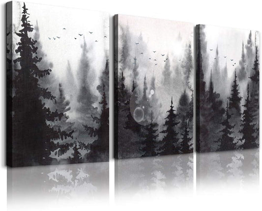 Elegant Black and White Forest Landscape Canvas Art – Set of 3 Watercolor Prints for Living Room, Bedroom, and Office Decor