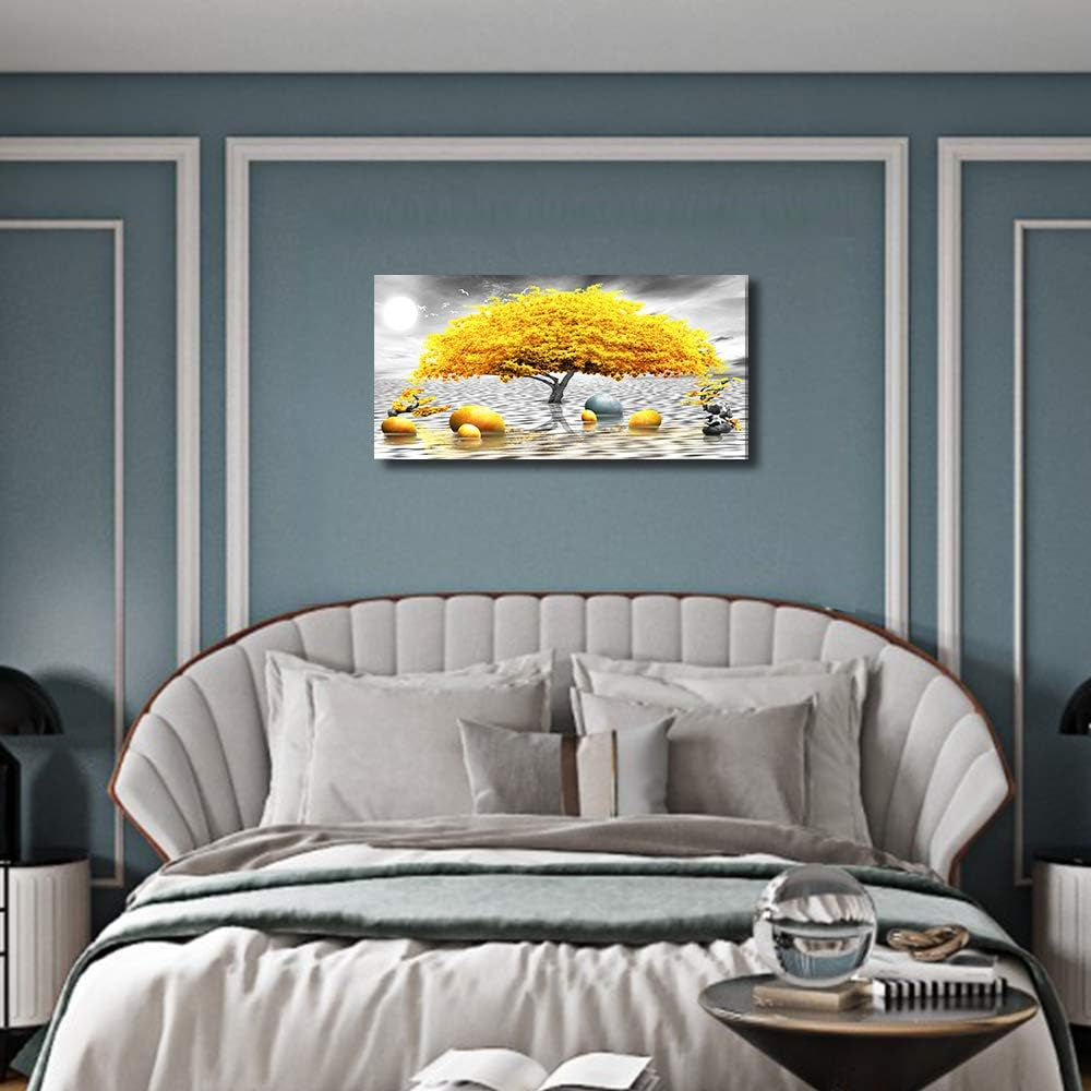 Stunning Abstract Black and White Canvas Art with Vibrant Yellow Tree - Perfect Wall Decor for Living Room, Bedroom, and Office