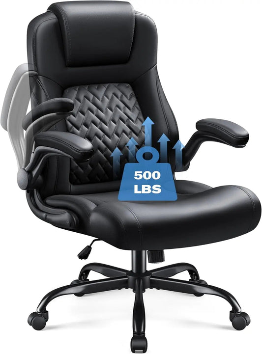 High Back Office Chair, Ergonomic Big and Tall Desk Chair, Adjustable Flip up Armrest Executive Chair Made of PU Leathe