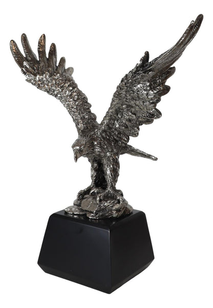 Electroplated Pewter Silver Bald Eagle with Open Wings Landing on Rock Statue