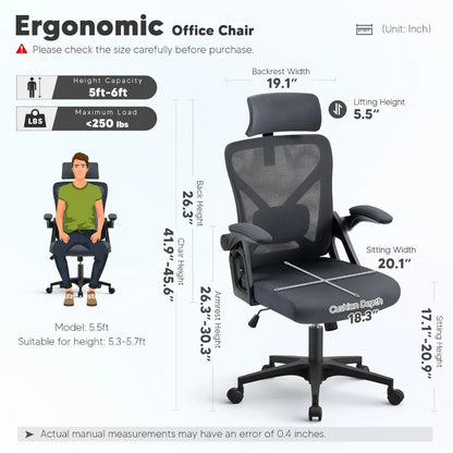 Tall Desk Chairs with Wheels and Flip-Up Armrests for Home Office Desk Gamer Chair Dark Grey Computer Armchair Gaming Ergonomic