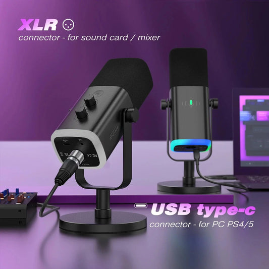 Dynamic USB/XLR Microphone with Touch Mute Button and Headphone Jack for PC and Gaming