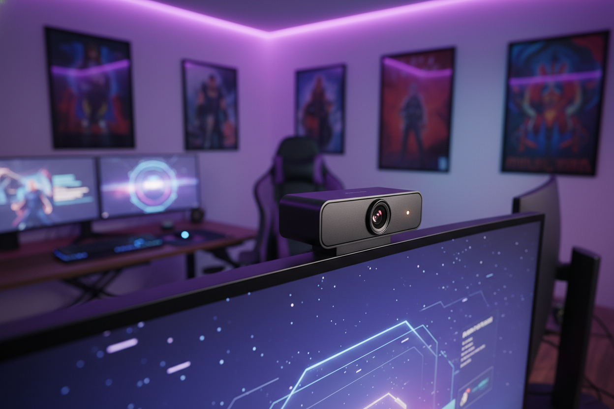 Focus on a nice webcam. Webcam is on top of a computer monitor, in a nice game room.