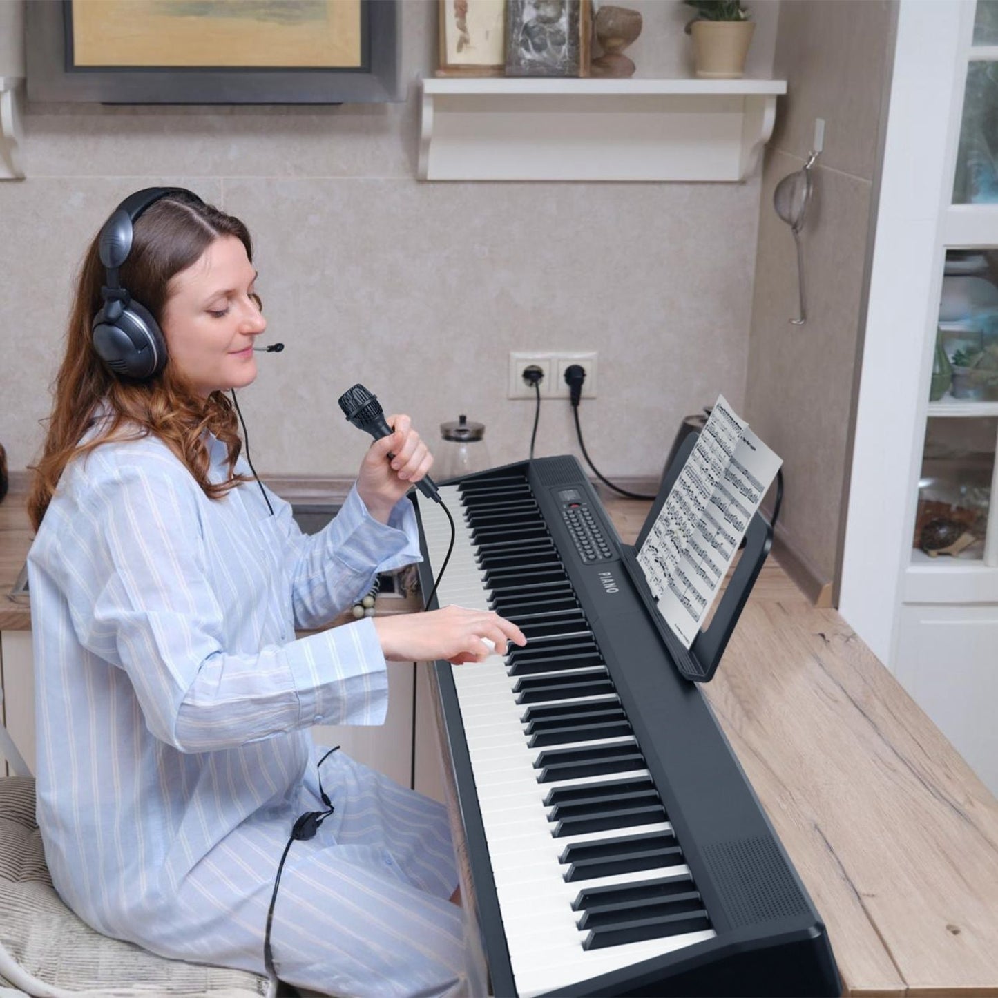 Folding Piano Keyboard 88 Keys Rechargeable Full Size Semi Weighted Piano Digital Electronic Piano with LCD Screen Carry Bag Mic Sheet Music Stand Sticker for Beginners Kids