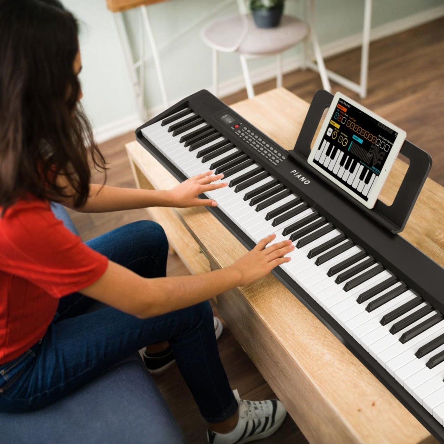 Folding Piano Keyboard 88 Keys Rechargeable Full Size Semi Weighted Piano Digital Electronic Piano with LCD Screen Carry Bag Mic Sheet Music Stand Sticker for Beginners Kids