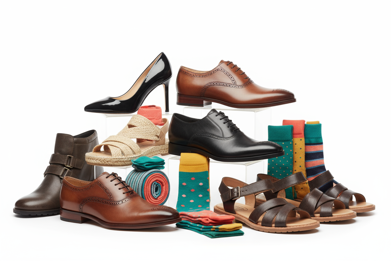 Men and women's footwear. Shoes, Sandals, high heels. Socks