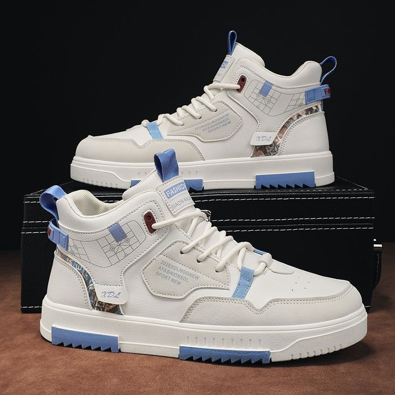 Men's new breathable high top shoes for male students, trendy and versatile white shoes, thick soled sports and leisure board shoes
