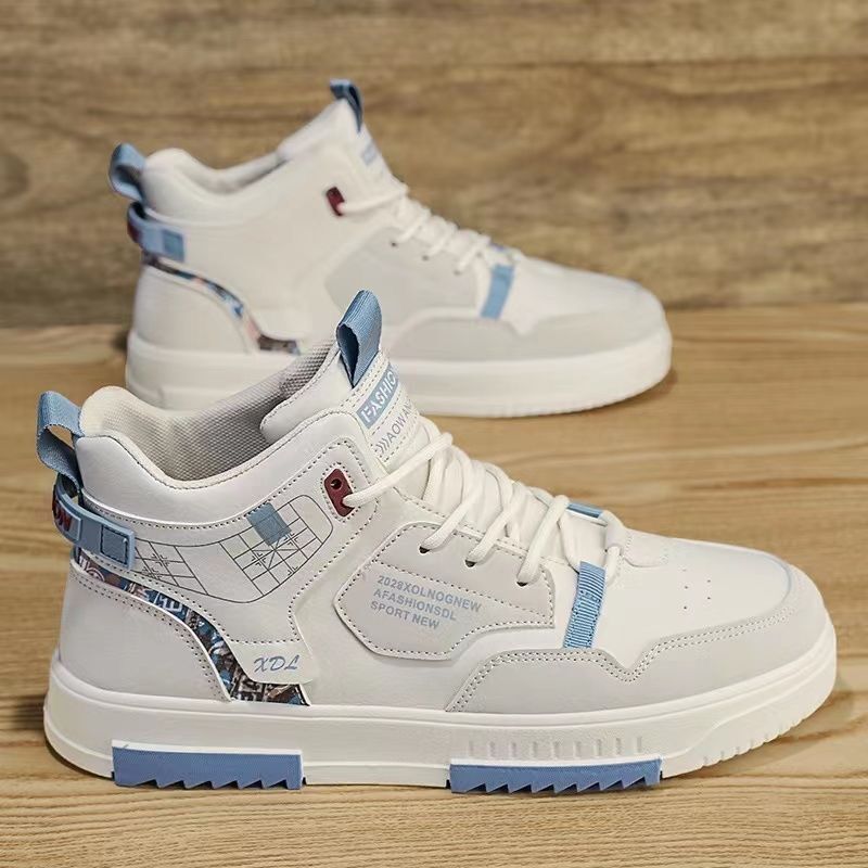 Men's new breathable high top shoes for male students, trendy and versatile white shoes, thick soled sports and leisure board shoes