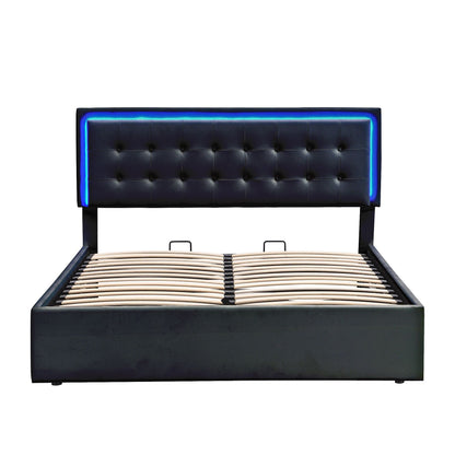 Queen Size Tufted Upholstered Platform Bed with Hydraulic Storage System,PU Storage Bed with LED Lights