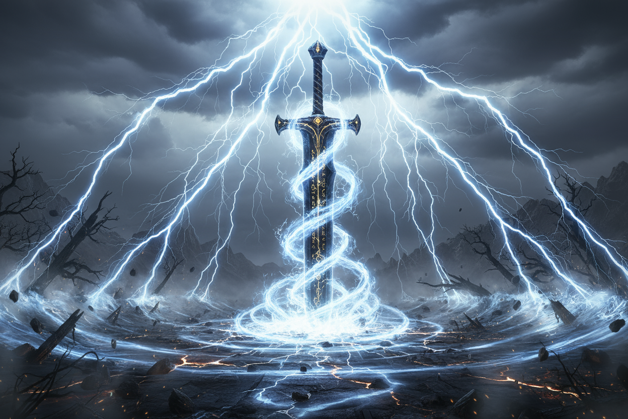 Remove the person. picture a massive sword sticking in the ground with lightning  arcing from.