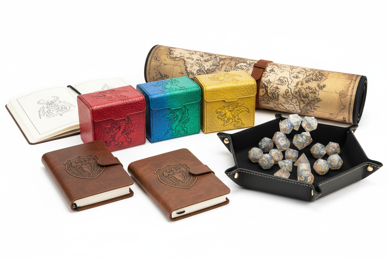 Tabletop game accessories. Deck boxes, Dice rollers, game matts, Dungeons & Dragons Notebooks