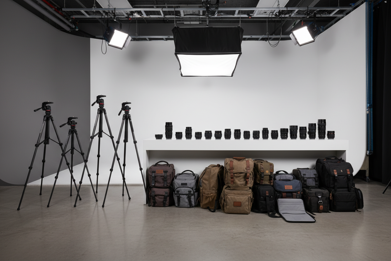 Tripods, lenses, camera bags in a studio