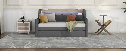 Twin Size Daybed with Storage Drawers, Upholstered Daybed with Charging Station and LED Lights, Gray(Old Item W1580S00034)