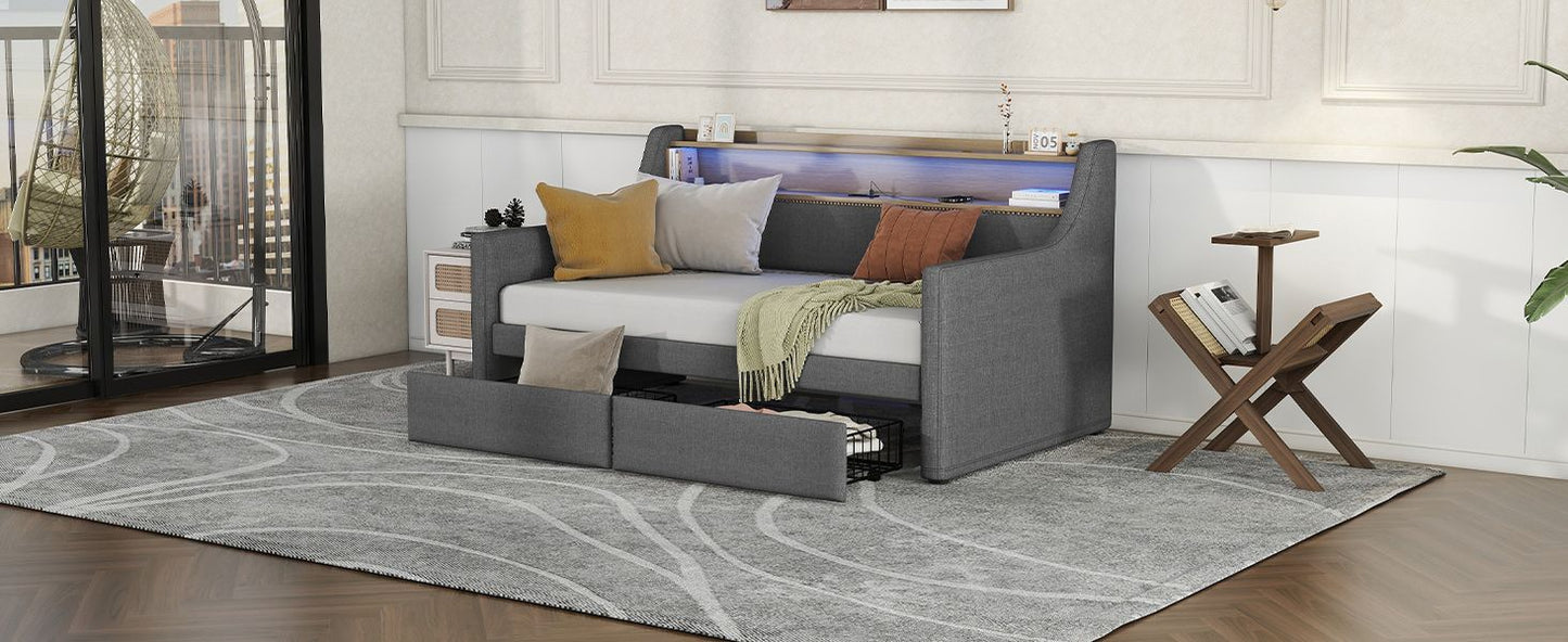 Twin Size Daybed with Storage Drawers, Upholstered Daybed with Charging Station and LED Lights, Gray(Old Item W1580S00034)