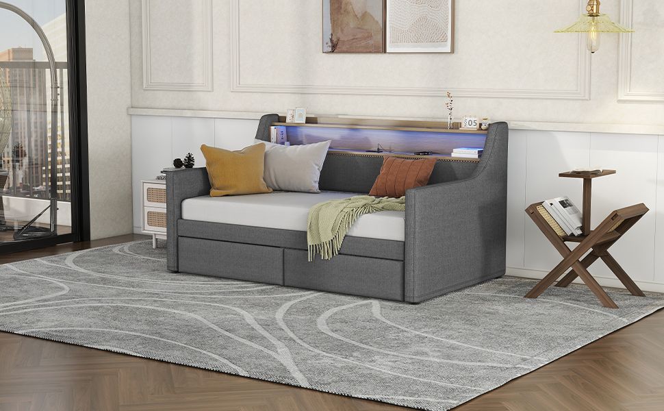 Twin Size Daybed with Storage Drawers, Upholstered Daybed with Charging Station and LED Lights, Gray(Old Item W1580S00034)