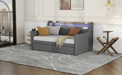 Twin Size Daybed with Storage Drawers, Upholstered Daybed with Charging Station and LED Lights, Gray(Old Item W1580S00034)