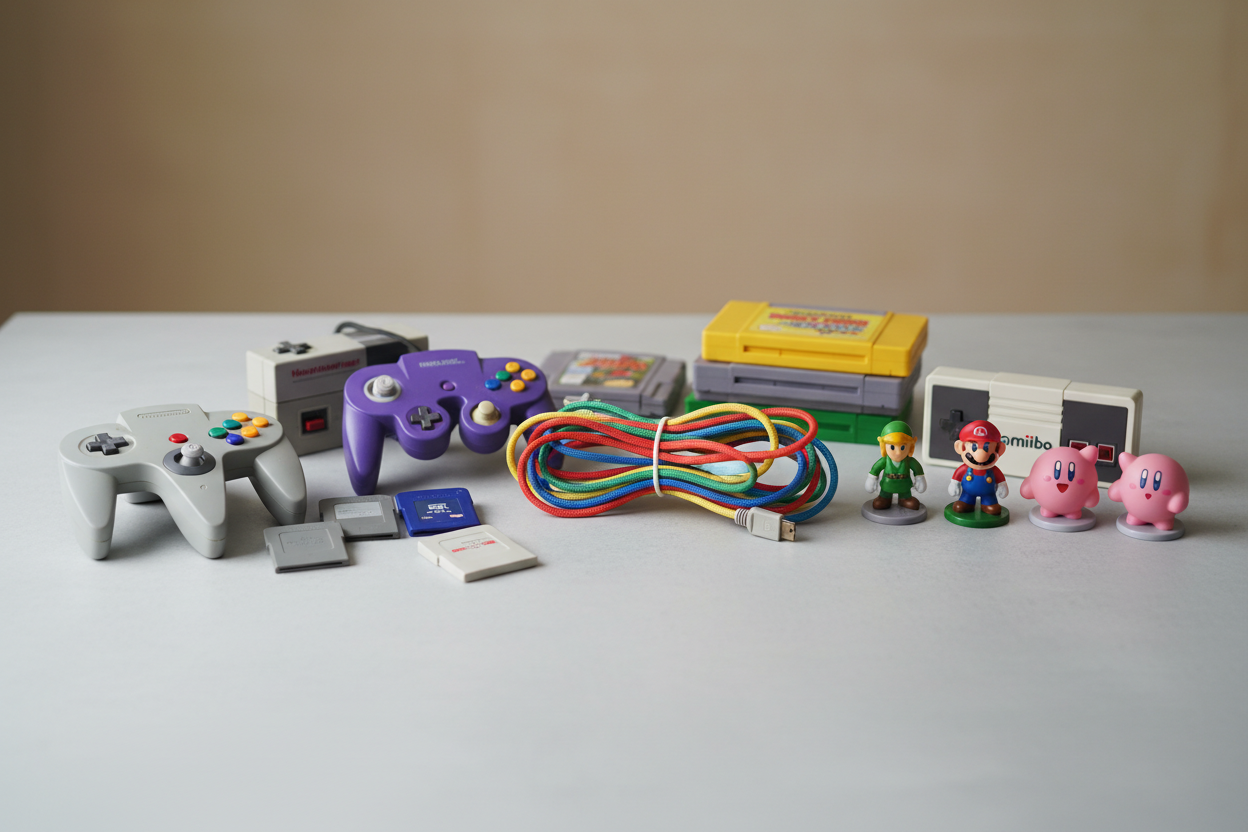 Video game cords, remotes, memory cards, and amiibos