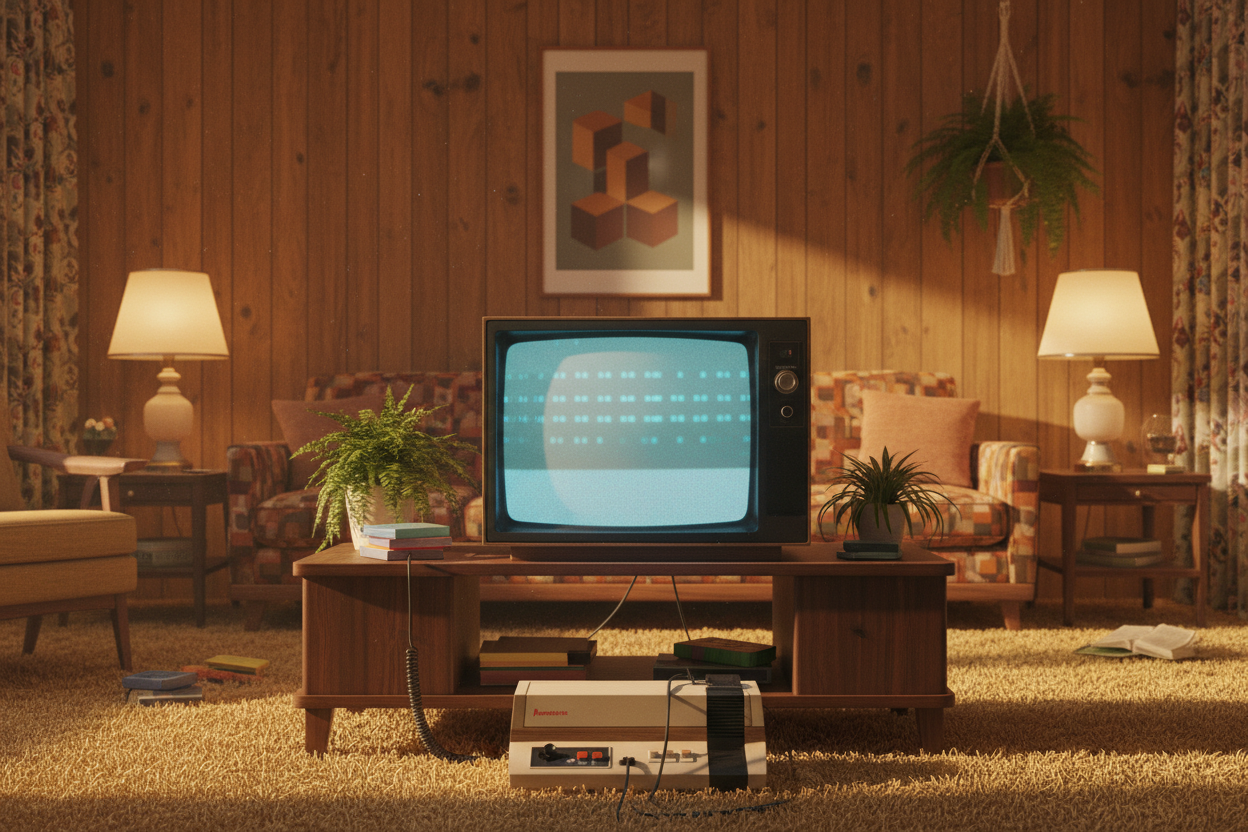 Vintage Game console in front of an old TV in a nice 80's style living room
